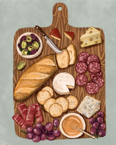 Cheese board inspo @twinoaksdesignco Charcuterie Board Drawing, Cheese Art, Board Drawing, Food Art Painting, Food Illustration Art, Watercolor Food, Cute Food Art, Food Painting, Food Drawing