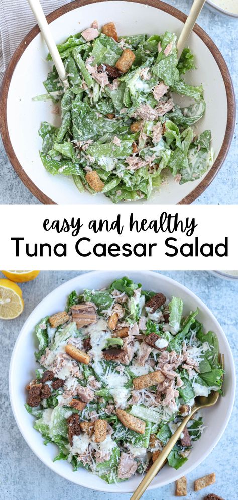 tuna caesar salad in a bowl with croutons, parmesan cheese and caesar dressing. Tuna Ceaser Salad, Tuna Lettuce Salad, Salad Tuna Recipes, Green Salad With Tuna, Tuna Caesar Salad, Healthy Recipes With Canned Tuna, Salad With Canned Tuna, Tuna In Salad, Salad With Tuna On Top