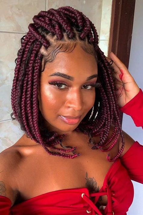 Rd Box Braids for African American Women Jumbo Box Braids Styles, Red Box Braids, Box Braids Bob, Black Box Braids, Colored Box Braids, Bob Braids Hairstyles, Poetic Justice Braids, Short Box Braids, Jumbo Box Braids