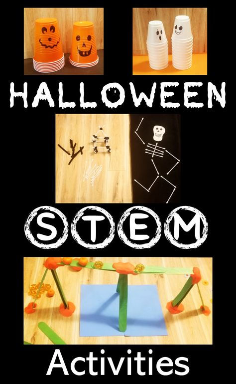 The pin shows stacks of cups with pumpkin and ghost faces drawn on and a bridge and skeleton home. Halloween Stem Activities Kindergarten, Halloween Themed Stem Activities, October Stem Challenges, Stem Activities For Adults, Halloween Stem Middle School, Halloween Stem For Kindergarten, Preschool Halloween Stem Activities, Steam Halloween Activities For Kids, Halloween Activities For School Age Kids