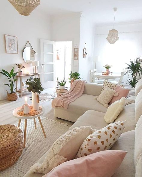 Subtle Pink House Decor, Girly Boho Aesthetic, Cozy Girly Living Room, Apartment Decor Girly Chic, Girly Modern Living Room, Girly Modern Apartment, Living Room Girly Apartments, Girly Boho Living Room, Apartment Decorating Cottage Core