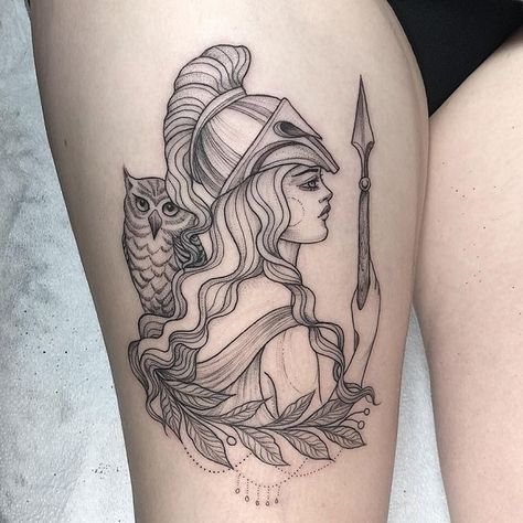 30 Best Athena Tattoo Ideas  9 Greek Goddess Tattoo, Thigh Piece Tattoos, Deer Skull Tattoos, Fighter Tattoo, Athena Tattoo, Greek Tattoo, Greece Design, Light Tattoo, Greek Mythology Tattoos