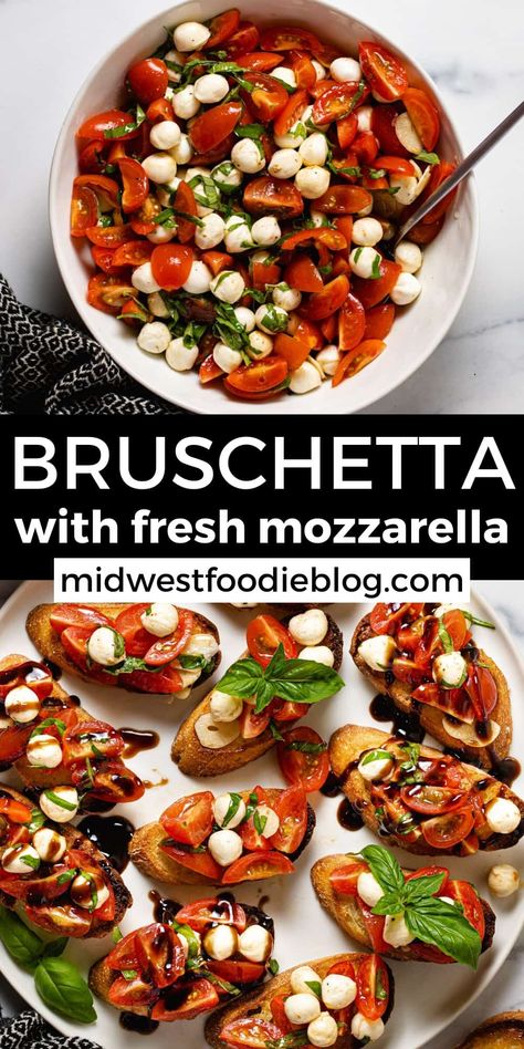 Bruchetta Appetizers Keto, Fresh Mozzarella Bruschetta, Bruschetta On Baguette, Tomato Brushetta Appetizers, Bruschetta Side Dish, Bruschetta And Mozzarella Recipe, Mozzarella Tomato Bruschetta, Bruschetta Caprese Recipe, Bruschetta Mozzarella Balsamic Vinegar