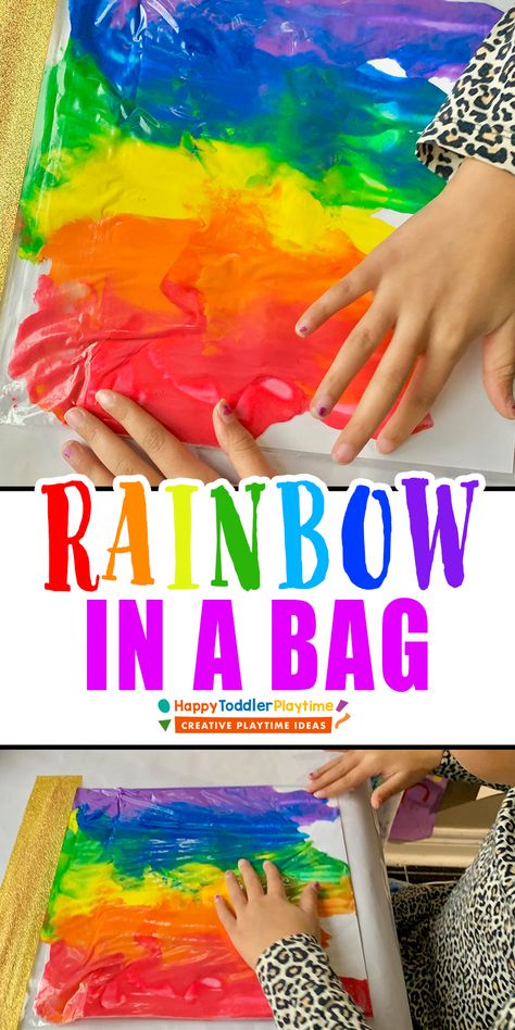 How to Make A Rainbow in a Bag - HAPPY TODDLER PLAYTIME Preschool Activities Rainbow, Colorful Preschool Crafts, Color Mixing In A Bag, Rainbow Preschool Sensory Bin, Rainbow Sensory Bags, Sensory Rainbow Activities, Rainbow Infant Activities, Preschool Crafts Rainbow, Rainbow Week Activities