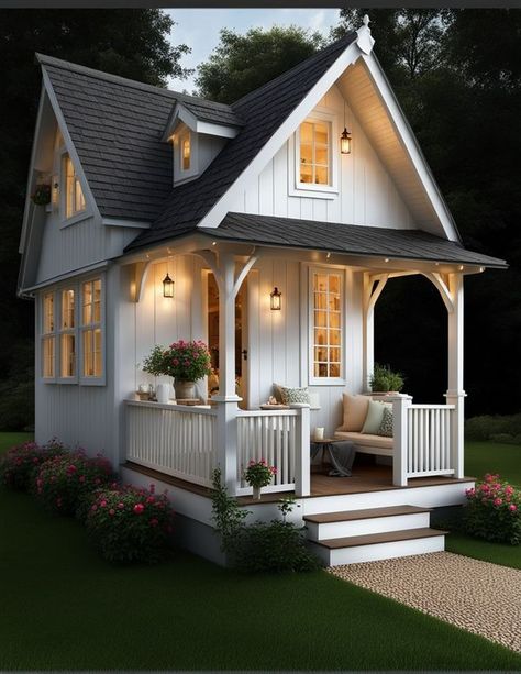 Cottage House Exteriors, Tiny Cottage Homes, Mini Houses Tiny Homes, Tiny House With Porch, Tiny Home Exteriors, Cute Small Houses, Cute Little House, Casas Country, Small House Blueprints