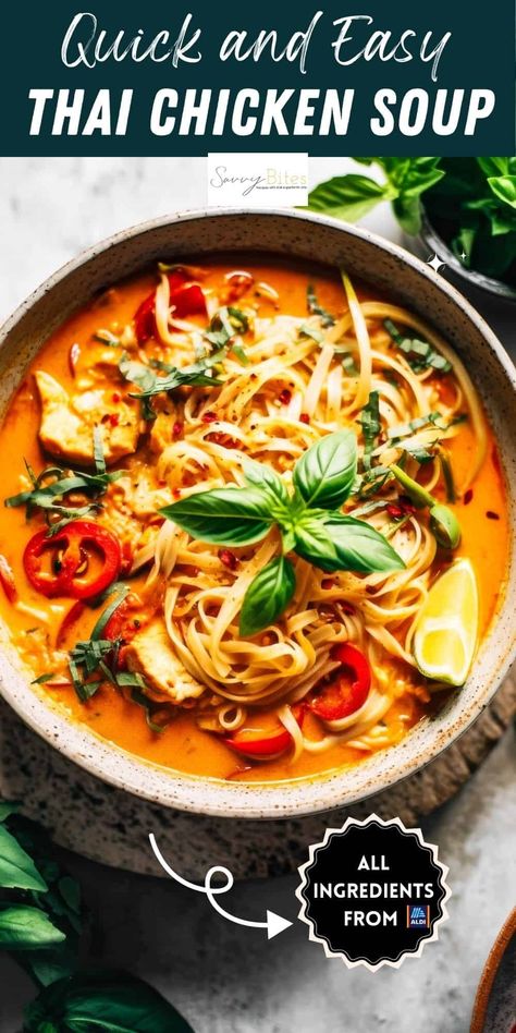 Make this Thai noodle soup with red curry, chicken, and coconut milk for a spicy, easy, and family-friendly meal. Ideal for comforting soup recipes. Chicken Red Curry, Thai Chicken Curry Soup, Thai Red Curry Soup, Easy Thai Chicken, Thai Curry Soup, Thai Noodle Soups, Thai Chicken Noodles, Curry Soup Recipes, Red Curry Recipe