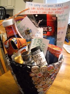 Love this "say I am sorry" basket!!  Jerky- I'm sorry I've been "Jerky".  Mint Mouthwash- I never "mint" to hurt you.  Nutella Spread- I can "Nutella" how bad I feel.  Basketball (Beverage Holder)- I "swish" it never happened.  Orbit Mist gum- When I think about it, my eyes get all "misty".  Axe Body Wash- I "Axe" for your forgiveness. Mint Mouthwash, Boyfriend Notes, Im Sorry Gifts, Apology Gifts, Sorry Gifts, Nutella Spread, Boyfriend Diy, Friends Wedding, Gifts For Boyfriend