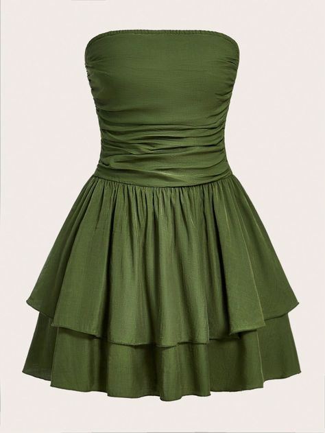 Army Green Casual Collar Sleeveless Woven Fabric Plain A Line Embellished Non-Stretch  Women Clothing Green Dress Mini, Clothes Green, Green Ruffle Dress, Short Green Dress, Green Mini Dress, Wildflower Wedding, Grad Dresses, Tinker Bell, Women Midi