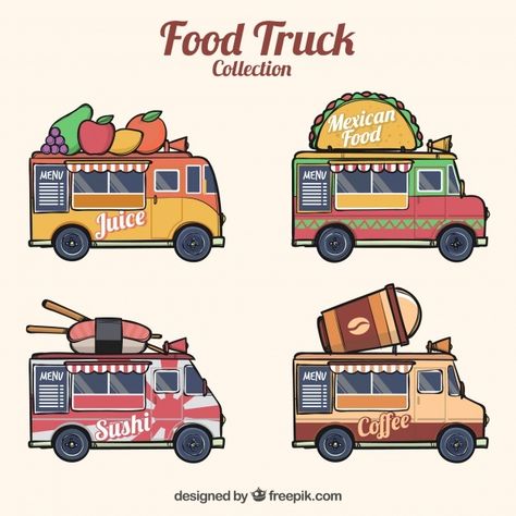 Hand drawn pack of modern food trucks Fr... | Free Vector #Freepik #freevector #food #vintage #coffee #hand Bloxburg Food Truck, Mexican Food Truck Design, Cute Food Trucks, Food Truck Cartoon, Food Truck Aesthetic, Transformers Vehicles, Food Truck Party, Mexican Food Menu, Foodtrucks Ideas