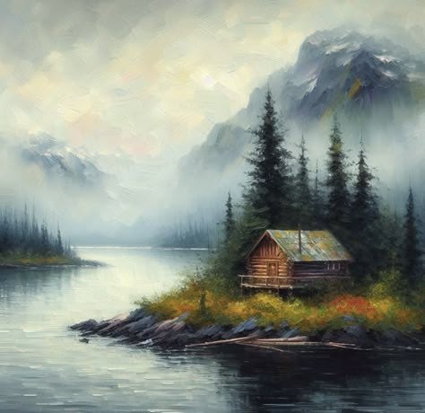 Bob Ross Cabin Painting, House In Mountains Painting, Cabin By The Lake Painting, Forest Cabin Painting, Cabin In Woods Painting, Country Painting Ideas, Cabin Painting, Oil Painting Inspiration, Cabin Art