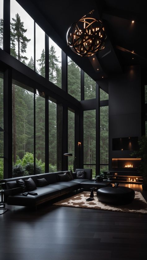 Dark luxury house in a forest Forest House Aesthetic, Dark Home Aesthetic, Dark House Aesthetic, Black Modern House, Dark Modern House, Dark Interior Design, Dark Modern, Dream Life House, Dark House