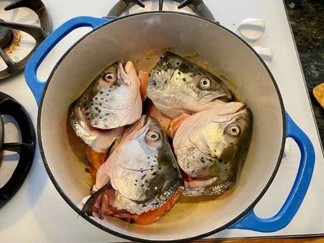 Fish Head Stew, Salmon Fish Head Soup, Fish Head Soup Recipes, Fish Head Recipe, Trout Soup, Salmon Head Soup, Canning Fish, Fish Stock Recipe, Fish Head Soup