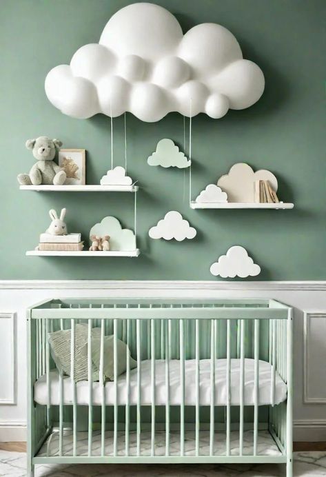 Sage Green Baby Room, Sage Green Nursery Ideas, Cloud Nursery Theme, Nursery Sage, Green Nursery Ideas, Green Baby Nursery, Sage Green Nursery, Gray Nursery Girl, Green Boys Room