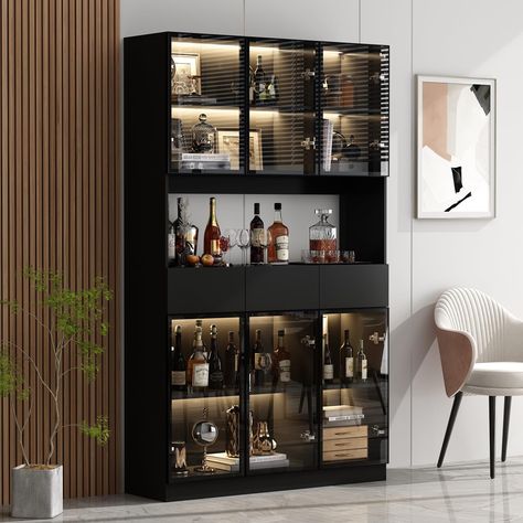 PRICES MAY VARY. [Storage Cabinet with LED Light]: This bookcase comes with touch control LED lights, the lights can be switched to 3 colors: warm yellow, natural and cool white. With the lights and transparent glass doors, the cabinet is perfect to display your favorite collections. NOTE: This item will come in 2 separate boxes. [Durable & Sturdy]: This bookcase is crafted from particle board and iron, which is durable and sturdy to hold all of your items. The doors are pop-out style, they will Kitchen Standing Cabinet, Free Standing Kitchen Cabinets, Storage Island, Hutch Cabinet, Buffet Hutch, Kitchen Hutch, Pantry Storage Cabinet, Glass Cabinets Display, Black Kitchen Cabinets