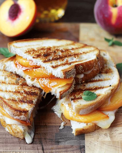 Honey Peach White Cheddar Grilled Cheese Sandwich - Recipes, Tasks & Tools Honey Peach White Cheddar Grilled Cheese, Honey Grilled Cheese, Grilled Cheese Panini, Cheddar Grilled Cheese, Cheese Panini, Cheesy Sandwich, Apple Honey, Grill Cheese Sandwich Recipes, Classic Grilled Cheese