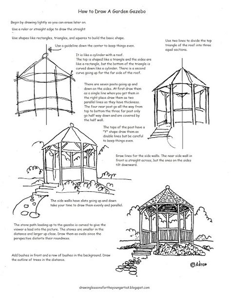 How to Draw a Garden Gazebo Worksheet and Drawing Lesson How To Draw Village, 3d Drawing Techniques, Doodle Easy, Drawing Worksheets, Draw Tutorial, Drawing Lesson, Desain Lanskap, Garden Drawing, Architecture Drawing Art