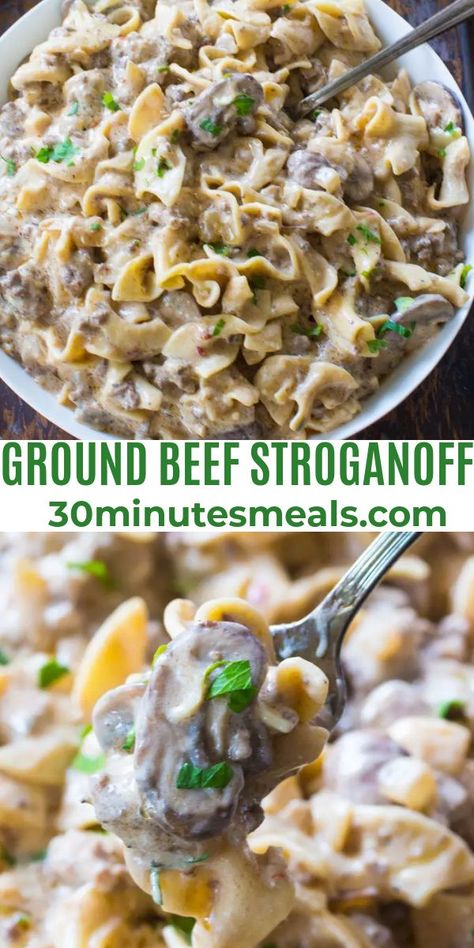 Ground Beef Stroganoff is so unbelievably creamy thanks to a few secret ingredients. Easy to make, in just 30 minutes you have an amazing dinner! Easy Ground Beef Stroganoff, Stroganoff Beef, Recipes Ground Beef, Ground Beef Stroganoff, Stroganoff Recipe, Minced Meat, Beef Stroganoff, Best Dinner Recipes, Entree Recipes