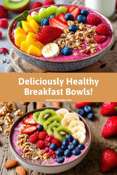 Colorful smoothie bowls topped with fresh fruits, nuts, and seeds. Meal Prep Smoothie Bowls, Fruit Smoothie Bowl Recipes, Breakfast Fruit Bowl, Protein Smoothie Bowl Recipe, Acai Bowl Recipe Easy, Breakfast Smoothie Bowl Recipes, Recipe Healthy Breakfast, Smoothie Bowls Recipe Easy, Bowl Recipes Easy