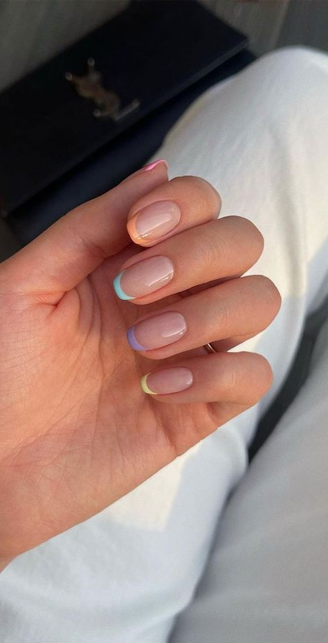 40 Stylish French Tip Nails for Any Nail Shape : Different Pastel Coloured French Tip Nails I Take You | Wedding Readings | Wedding Ideas | Wedding Dresses | Wedding Theme Shirt Nails Designs Summer, Franche Nails, Coloured French Tip Nails, French Pastel, Bohemian Pictures, Nails Shapes, Short French Tip Nails, Character Background, Nail French