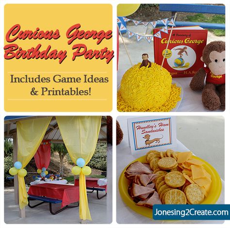 George Birthday Party, Turning Three, Curious George Birthday Party, Monkey Birthday Parties, Curious George Party, Curious George Birthday, Red Tablecloth, Monster Trucks Birthday Party, Monkey Birthday