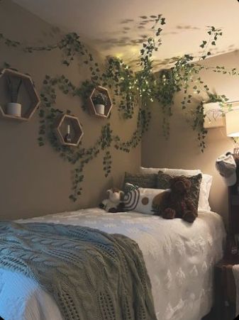 Room Ideas Aesthetic Cozy Grey, Dark Green Aesthetic Dorm Room, Dark Sage Green Bedroom Aesthetic, Spiritual Dorm Room Ideas, Olive Green Dorm Room, Sage Green Wall Room Aesthetic, Sage Green Bedroom With Plants, Black And Grey Boho Bedroom, Green Room Vibes