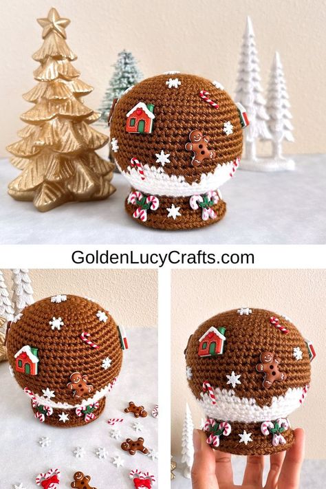 Crocheted Christmas gingerbread snow globe. Snow Globe Crochet Pattern Free, Snow Globe Crochet, Crochet Christmas House, Crochet Gingerbread House Free Pattern, Crochet Snowglobe, Crochet Christmas Free Pattern, Crochet Christmas Village, Crochet Globe, Crochet Gingerbread House