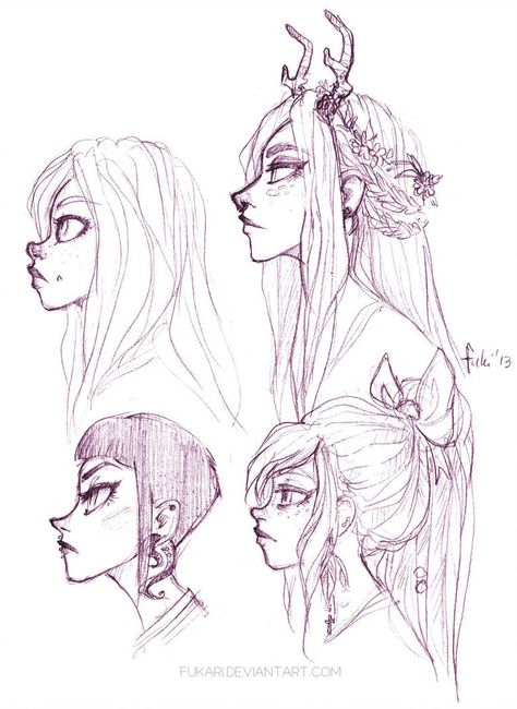 girls by Fukari Some Drawings, Character Design Cartoon, Profile Drawing, 흑백 그림, Drawing Faces, Arte Inspo, Art Et Illustration, Art And Illustration, How To Draw Hair