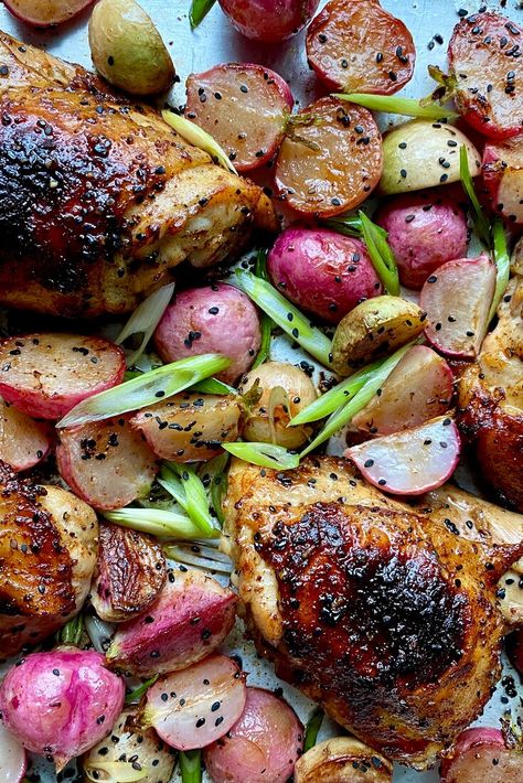 Sheet-Pan Miso Chicken With Radishes and Lime Recipe - NYT Cooking Recipes With Miso Paste, Recipes With Miso, Miso Chicken, Roast Fish, Roasted Radishes, Miso Paste, Lime Recipes, Pan Dinners, Chicken Meals