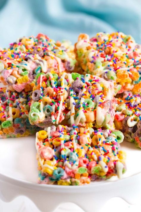 Fruit Loop Treats Trix Treats, Fruit Loop Treats, Krispy Treats Recipe, Melted White Chocolate, Confetti Sprinkles, Krispie Treats Recipe, Krispy Treats, Cereal Treats, Rainbow Fruit