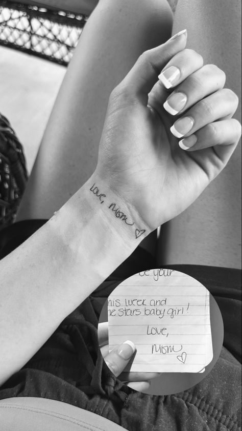 Tattoos Idea For Parents, I Love You Tattoo Handwriting Forearm, Hand Written Heart Tattoo, Mum Handwriting Tattoo, Small Hand Written Tattoos, Cute Handwriting Tattoos, Parent Passing Tattoo, I Love You Writing Tattoo, Written Word Tattoos