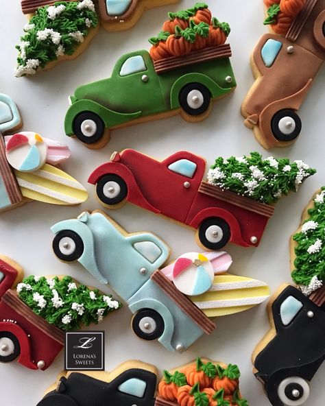 Lorena Rodríguez. Pickup truck cookies. Father’s Day cookies Truck Cookies, Winter Cookie, Thanksgiving Cookies, Sugar Cookie Designs, Food Truck Design, Pretty Cookies, Fall Cookies, Fancy Cookies, Creative Cookies