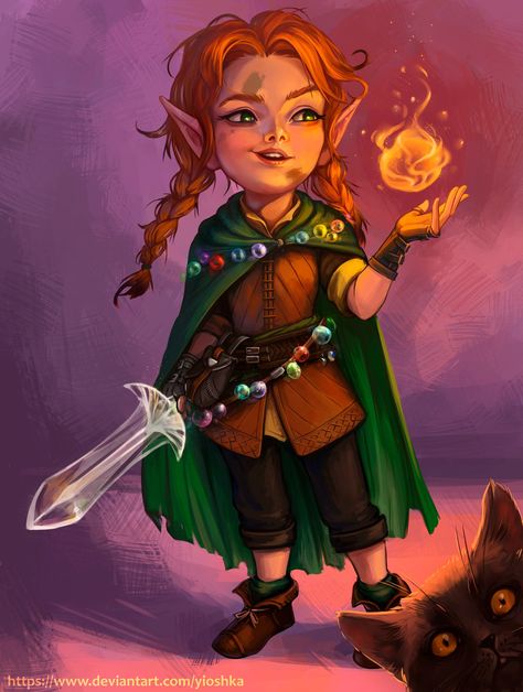 Unno Boondiggle, the pyromaniac gnome sorcerer. Gnome Character Art, Dnd Gnome, Dnd Halfling, Gnome Dnd, Gnome Wizard, Cat Familiar, Dnd Druid, Female Gnome, Pathfinder Character