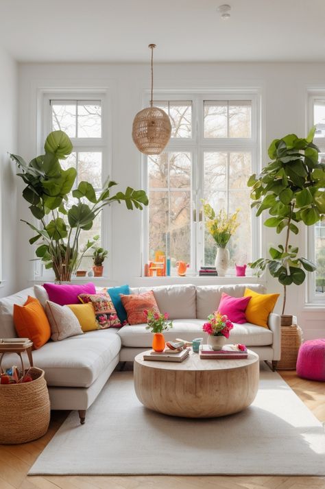 Maximalist Living Room White Couch, White And Bright Living Room, Colourful Accents Living Room, Living Room Inspiration Colourful, Colorful Living Room Beige Couch, Colourful Minimalist Living Room, White And Colorful Living Room, Modern Quirky Living Room, White Rooms With Pops Of Color