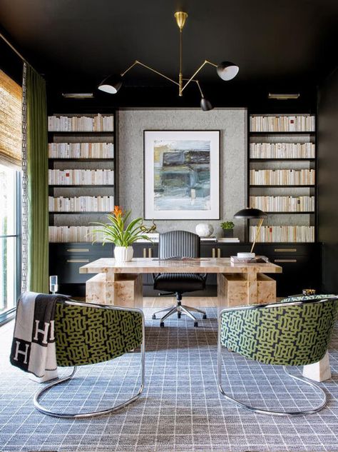 adding-color-to-your-home-office-2 Lux Office, Office Paint Colors, Black Paint Color, Dark Paint Colors, Contemporary Home Office, Best Paint Colors, Office Lighting, Wood Desk, Living Room Colors