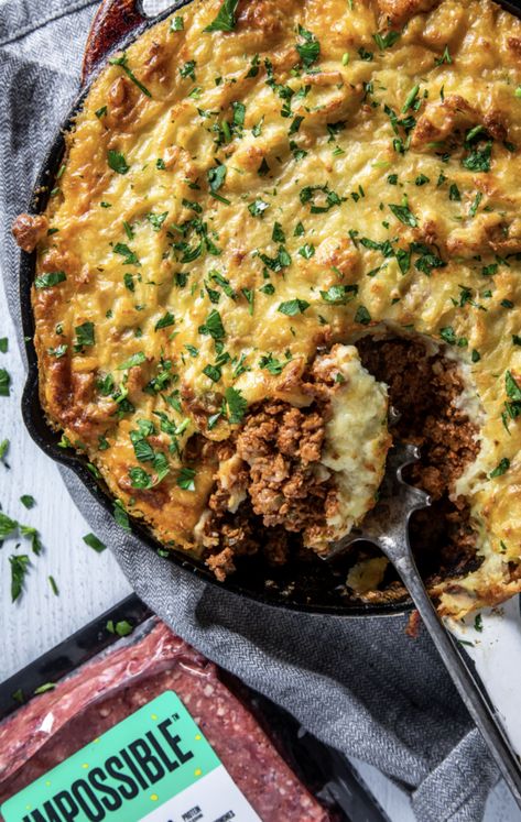 Cheesy Impossible™ Shepherd’s Pie Canned Stewed Tomatoes, Season Recipes, Impossible Burger, Cheesy Mashed Potatoes, Shepherds Pie Recipe, Food Inc, Holiday Favorite Recipes, Meat Dinners, Shepherd's Pie