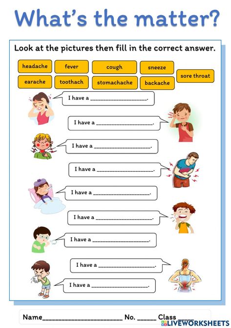 What's The Matter Worksheet, Health And Sickness Worksheets, Health Vocabulary Worksheets, Health Worksheets For Kids, Ingles Kids, Materi Bahasa Inggris, Matter Worksheets, English Teaching Materials, English Activities For Kids