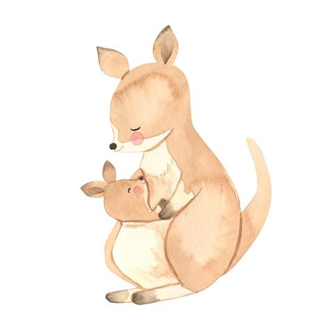 Mom And Baby Animals Drawing, Cute Kangaroo Illustration, Kangaroo Drawing Cute, Australian Animal Art, Watercolor Kangaroo, Baby Animals Illustration, Mother Animals, Mom Animals, Kangaroo Drawing