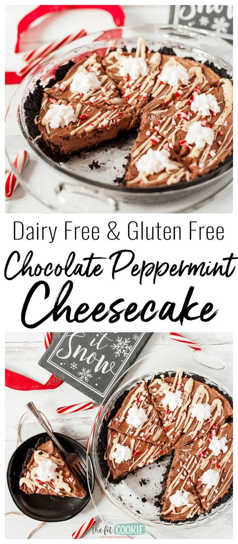 Swap your holiday pie for a dairy free and gluten free Chocolate Peppermint Cheesecake! Our chocolate mint cheesecake is allergy friendly, peanut free, and vegan as well, so just about everyone can enjoy this cool chocolatey dessert. | thefitcookie.com #dairyfree #glutenfree #allergyfriendly #vegan #cheesecake #chocolate #christmas #dessert Dairy Free Dessert Christmas, Dairy Free Cheesecake Recipe, Chocolate Peppermint Cheesecake, Gluten Free Christmas Desserts, Christmas Dinner Desserts, Vegan Board, Holiday Pie, Mint Cheesecake, Gluten Free Dairy Free Dessert