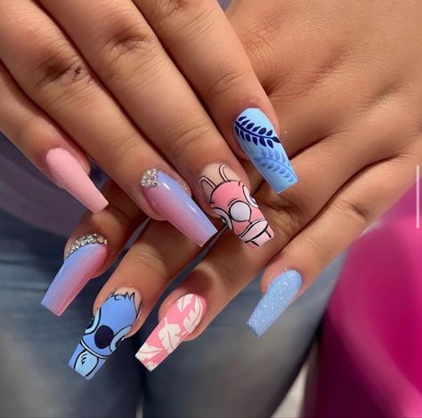 nails I found on insta🥺 Stitch Acrylic Nails Coffin, Pink And Blue Stitch Nails, Cute Stitch Nail Designs, Acrylic Nails Stitch, Pink Stitch Nails, Leo And Stitch Nails, Lilo And Stitch Acrylic Nails, Stitch Gel Nails, Stitch And Angel Nails Acrylic