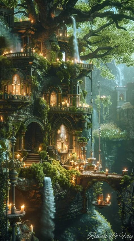 Tree Castle Fantasy Forests, Dark Jungle House Aesthetic, Elven Aesthetic Home, Elven Forest City, Fairy Castle Art, Feywild Village, Elven Princess Aesthetic, Magical House Interior, Forest Castle Aesthetic