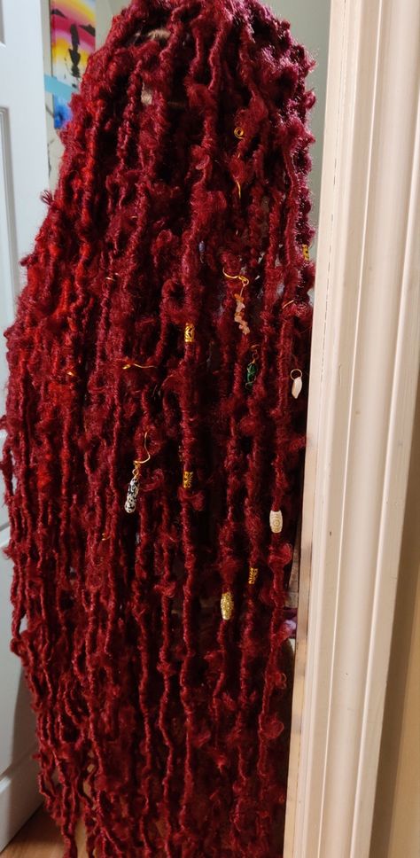 Red Locs Aesthetic, Red Butterfly Locs Black Women, Dark Red Butterfly Locs, Red Butterfly Braids, Red Distressed Locs, Red Boho Locs, Red Goddess Locs, Faux Locs Red, Red Butterfly Locs