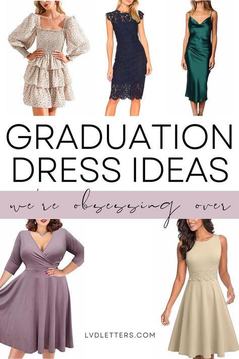 GRADUATION DRESS IDEAS WE'RE OBSESSING OVER. Collage of college graduation dresses including a purple plus size dress, cream A-line dress, satin slip dress, blue lace dress, and floral ruffle dress Graduation Outfit Ideas Winter, Winter Graduation Dress, Middle School Graduation Dresses, Best Graduation Dresses, Graduation Dress Ideas, Graduation Outfits For Women, Graduation Dress High School, Graduation Guest Outfit, Summer Graduation Dress