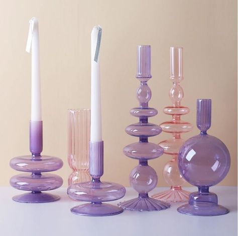 New trend mixes a retro modern fusion for a refreshing ascetic! This listing includes a mix of our colorful Bubble Glass Candlestick Holders. They are just the perfect addition to any space, coming in a variety of colors and styles you can mix and match these with our other listings. These candle holders fit 1" wide candles. If your candle is slightly larger, you can whittle it down a bit and gently place into glass. Please use dripless wax candles since the hot wax will remove color. Pink Candle Holders, Candlestick Collection, Pastel Candle, Romantic Candle Light Dinner, Unique Candle Holders, Glass Candlestick Holders, Tall Candle, Glass Flower Vases, Pink Vase