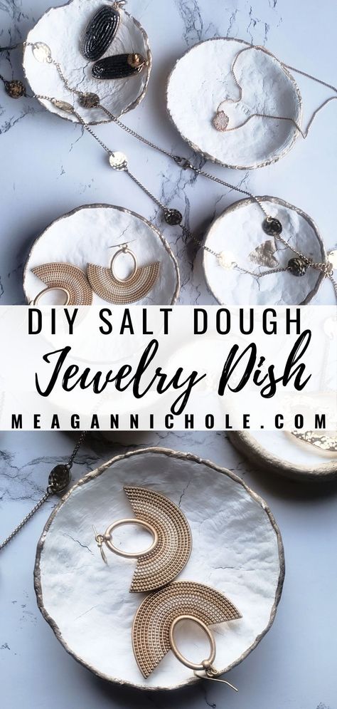 3-Ingredient Salt Dough Ring Dish | MeaganNichole.com Salt Dough Pottery, Salt Dough Pendants, Salt Dough Plate, Salt Craft Ideas, Salt Dough Diy, Salt Dough Ring Dish, Dough Jewelry Ideas, Salt Dough Dish, Salt Dough Trinket Dish