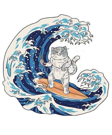 Japanese Wave Surfing Cat Wave Surfing, Japanese Wave, Japanese Waves, Cat T Shirt, Cat Tshirt, Ocean Waves, Great Wave, The Ocean, Top Artists