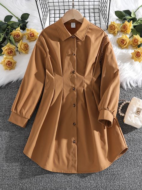 Brown Casual Collar Long Sleeve Polyester Plain Shirt Embellished Non-Stretch  Girls Clothing Shirts For Women Stylish Casual, Plain Fabric Dress Designs, Long T Shirt Dress Outfit, Long Shirt Design, Plain Dress Designs, Long Shirt Outfits, Simple Dress Casual, Maxi Design, Shein Kids