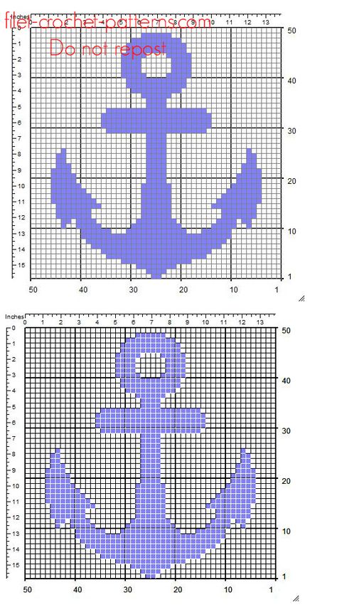 An anchor small crochet filet insert free pattern Crochet Anchor, Nautical Crochet, Filet Crochet Patterns, Crochet Filet, Graph Crochet, Anchor Pattern, Filet Crochet Charts, Fillet Crochet, Small Crochet