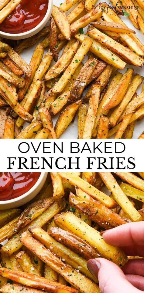 Oven baked french fries are easy to make with only 4 ingredients! Homemade French fries are healthier and even more delicious than frozen or restaurant fries! Best Homemade Fries Oven Baked, Easy Oven Fries, Best Oven Fries, Easy Homemade Fries, Home Made French Fries In The Oven, Oven Fries Crispy, Homemade French Fries In Oven, Homemade Fries In Oven, French Fries From Scratch