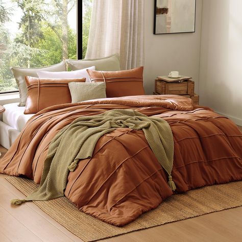 PRICES MAY VARY. Soft & Durable: Sink into unparalleled softness with our premium pre-washed microfiber. Gentle on the skin yet durable. Due to the pre-washing process, the fabric naturally wrinkles, enhancing its tactile feel even further. Crafted with meticulous attention to detail, this queen bed comforter set is designed to elevate your bedding experience to new heights. Say goodbye to rough bedding—our queen bedding is designed to withstand the test of time without sacrificing comfort. Time Orange Bedding Set, Burnt Orange Bedding, Orange Bed Sheets, Queen Bed Comforter, Terracotta Bedding, Burnt Orange Comforter, Full Size Bedding, Orange Comforter, Boho Comforters