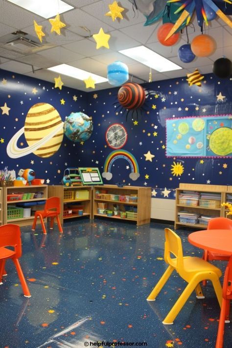 101 Classroom Theme Decoration Ideas (2024) Decoration For Classroom Wall, Outerspace Classroom Themes, Science Room Ideas, Reading Wall Classroom, Science Decoration Ideas, Space Themed Classroom Ideas, Decorating Classroom Walls, Daycare Classroom Themes, Space Bulletin Board Ideas